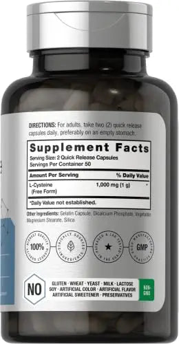 L-Cysteine 1000mg | 100 Powder Capsules | Non-GMO, Gluten Free Supplement Horbäach