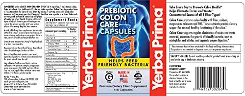 Yerba Prima Prebiotics Colon Care Fiber Caps, 180 Capsules - Five Forms of Fiber Plus FOS Yerba Prima