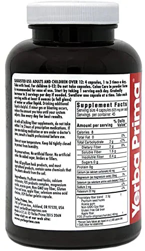 Yerba Prima Prebiotics Colon Care Fiber Caps, 180 Capsules - Five Forms of Fiber Plus FOS Yerba Prima