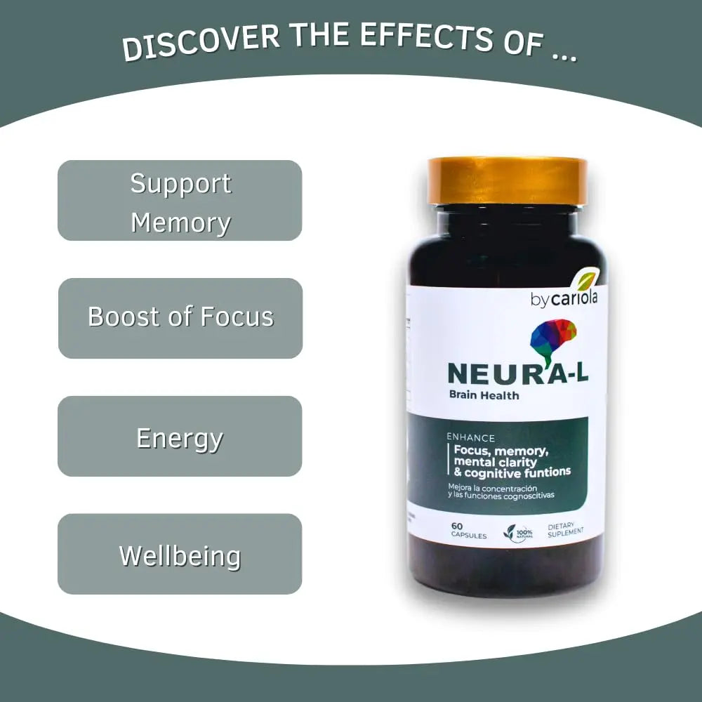 BY CARIOLA Neural-L Natural Brain Support Supplement 60 Caps - Mental Support – Memory Booster - Concentration - Natural Formula - Ashwagandha - L-Tyrosine - L-Theanine BY CARIOLA buy supplements Au