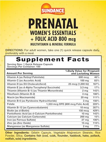 Prenatal Multivitamin and Mineral Formula | 100 Quick Release Capsules | with Folic Acid 800 mcg Sundance