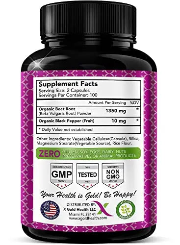 Organic Beet Root Powder 1350mg 200 Veggie caps Superfood Nitric Oxide Strongest X Gold Health