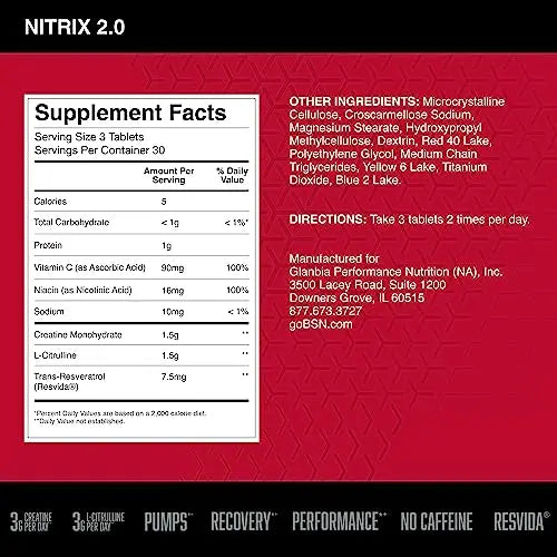 BSN NITRIX 2.0 - Nitric Oxide Precursors, 3g Creatine, 3g L Citrulline - Supports Workout BSN