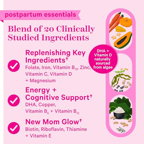 Pink Stork Total Postnatal Vitamins for Women with Vegan DHA, Iron, Folate, and Vitamin B12 Pink Stork