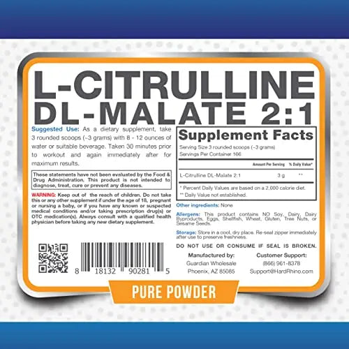 HR Supplements L-Citrulline DL-Malate 2:1 Powder, 1 Kilogram (2.2 Lbs), Unflavored Hard Rhino