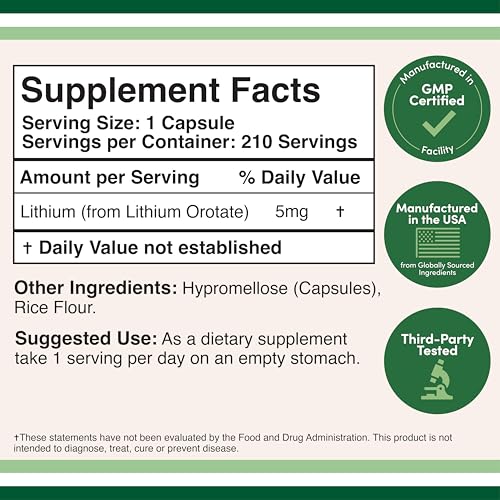 Lithium Orotate 5mg of Elemental Lithium for Cognition and Brain Health, 210 Capsules (Third Party Tested, Vegan Safe, Non-GMO) by Double Wood Supplements Double Wood SupplementsBuy Supplements Australia