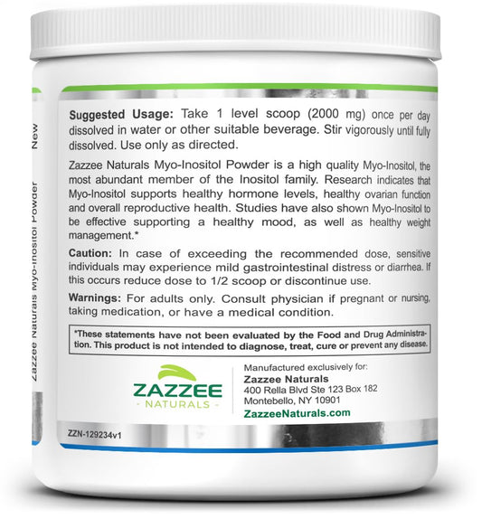 Zazzee Myo-Inositol Powder, 6 Month Supply, 183 Servings, 2000 mg per Serving Zazzee