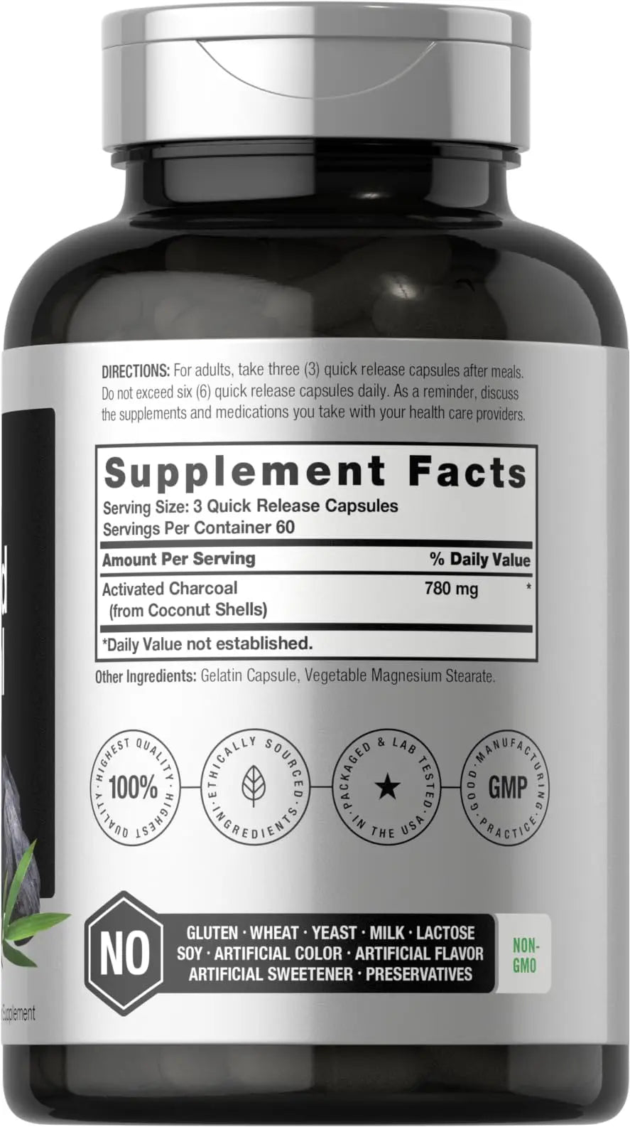 Charcoal Pills 780mg | 180 Capsules | Activated Charcoal from Coconut Shells | Non-GMO Horbäach