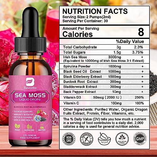 3000mg Sea Moss Liquid Drops - Black Seed Oil & Irish Sea Moss Gel B BEWORTHS