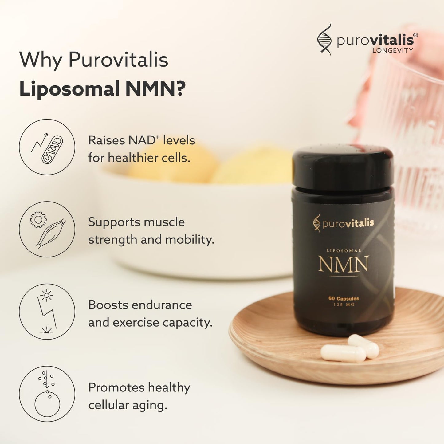 PUROVITALIS Liposomal NMN, 250mg Longevir Nicotinamide Mononucleotide Supplement, NAD+ Boost for Cellular Health, Energy & Healthy Aging, 1-Month Supply (60 Vegan Capsules) PUROVITALISBuy Supplements Australia