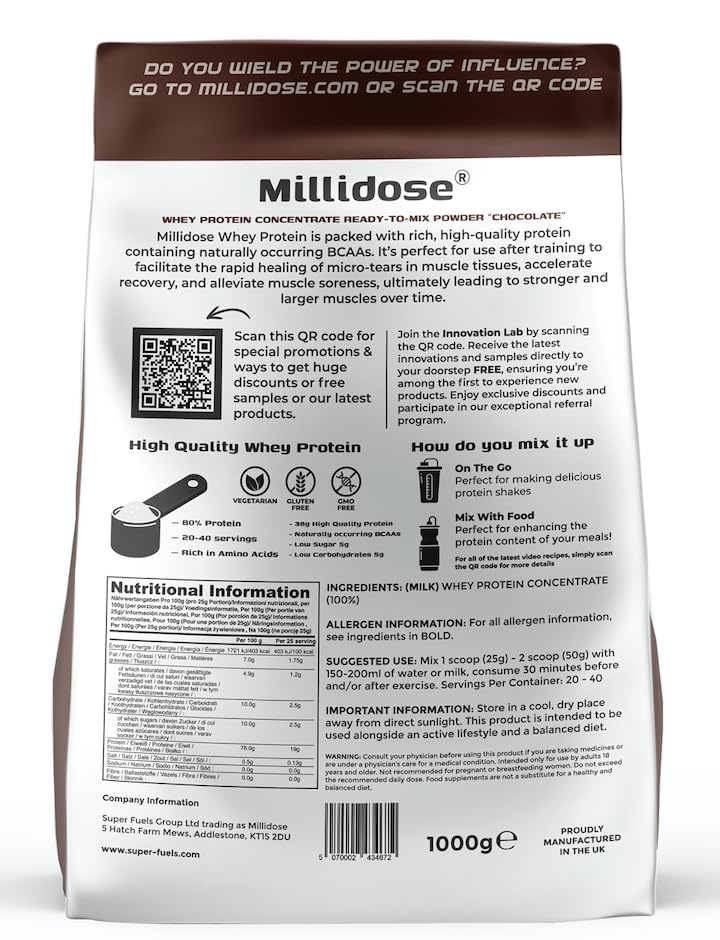 Millidose Chocolate Whey Protein Powder - 1kg of High-Protein Blend with 36g per Serving Generic
