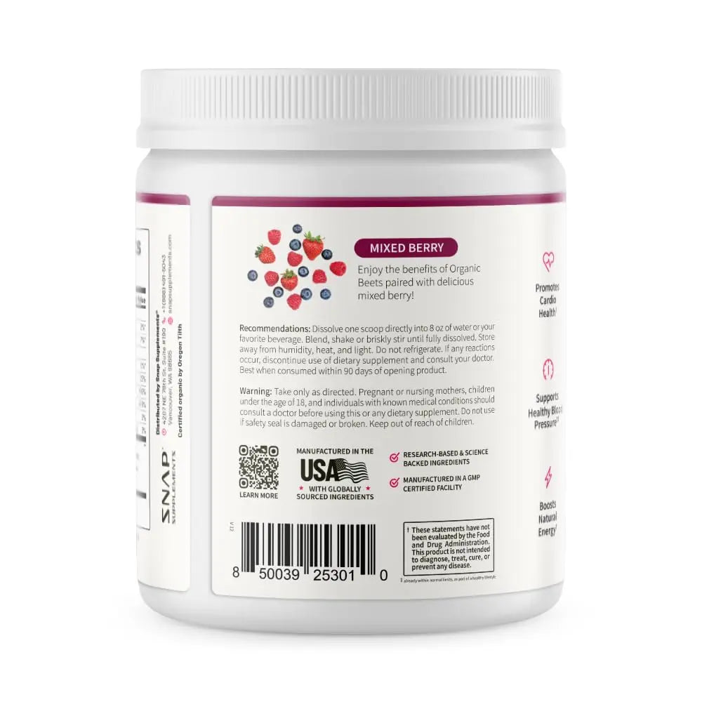 Snap Supplements Organic Beet Root Powder Nitric Oxide Supplement for Men & Women, Red Spinach & Pomegranate, Supports Healthy Energy & Blood Pressure Already in Normal Range, 30 Servings, Mixed Berry Snap Supplements buy supplements Au