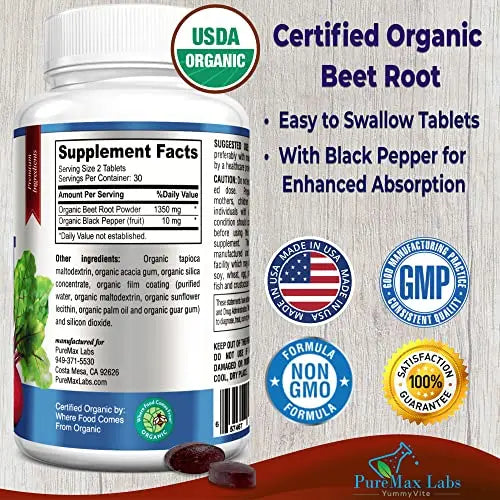 YUMMYVITE Organic Beet Root Powder Tablets - 1350mg with Black Pepper for Faster YUMMYVITE