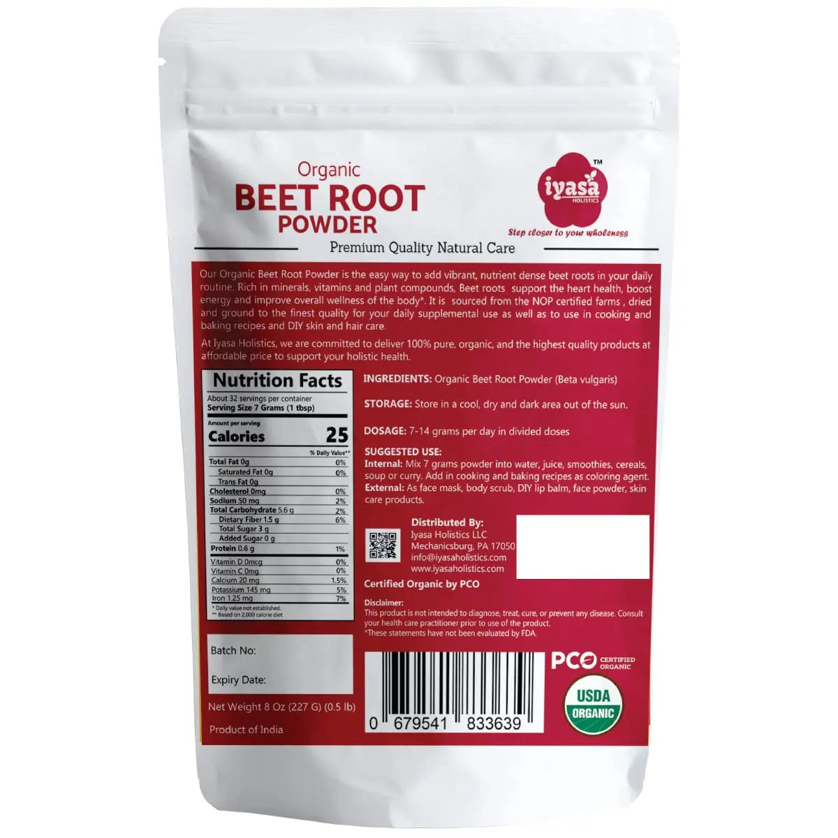Iyasa Organic Beet Root Powder, Plant Based, Vegan, Gluten-Free, Beetroot Superfood Iyasa Holistics