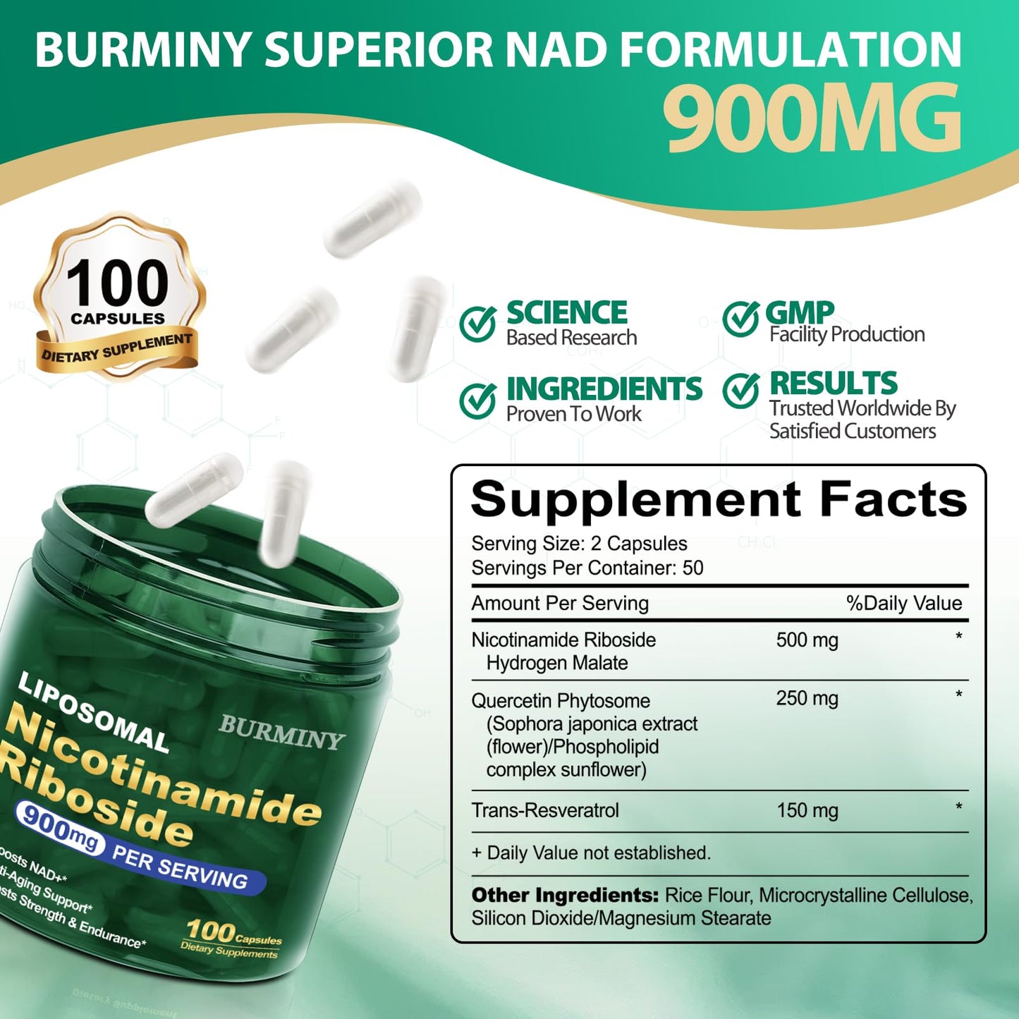 BURMINY NAD Supplement, NAD Nicotinamide Riboside Resveratrol 900mg, Liposomal NAD Supplements for Women & Man, High Purity NMNH Supplement Alternative for Anti-Aging, Energy, Focus - 2Pcs BURMINYBuy Supplements Australia