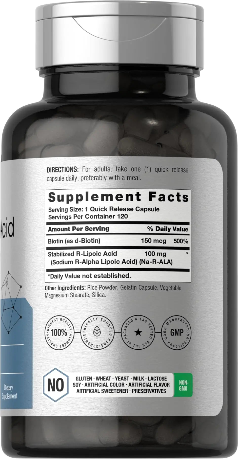 R-Lipoic Acid 100 mg | 120 Capsules | with Biotin Optimizer | Non-GMO, Gluten Free Horbäach