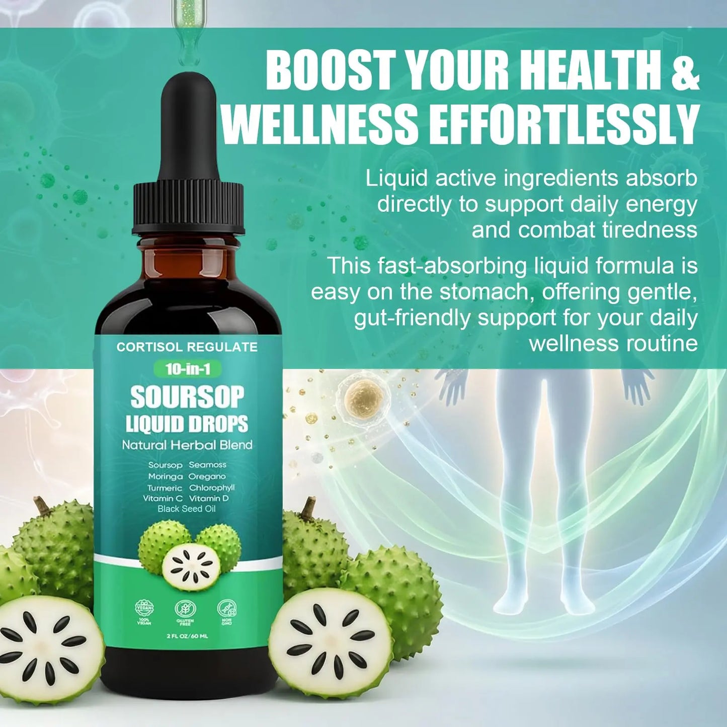 CORTISOL REGULATE Soursop Liquid Drops, 10-in-1 Blend with Sea Moss, Moringa, Turmeric, Black Seed Oil, Oregano, and More, 2 fl oz (1 Pack) CORTISOL REGULATE buy supplements Au