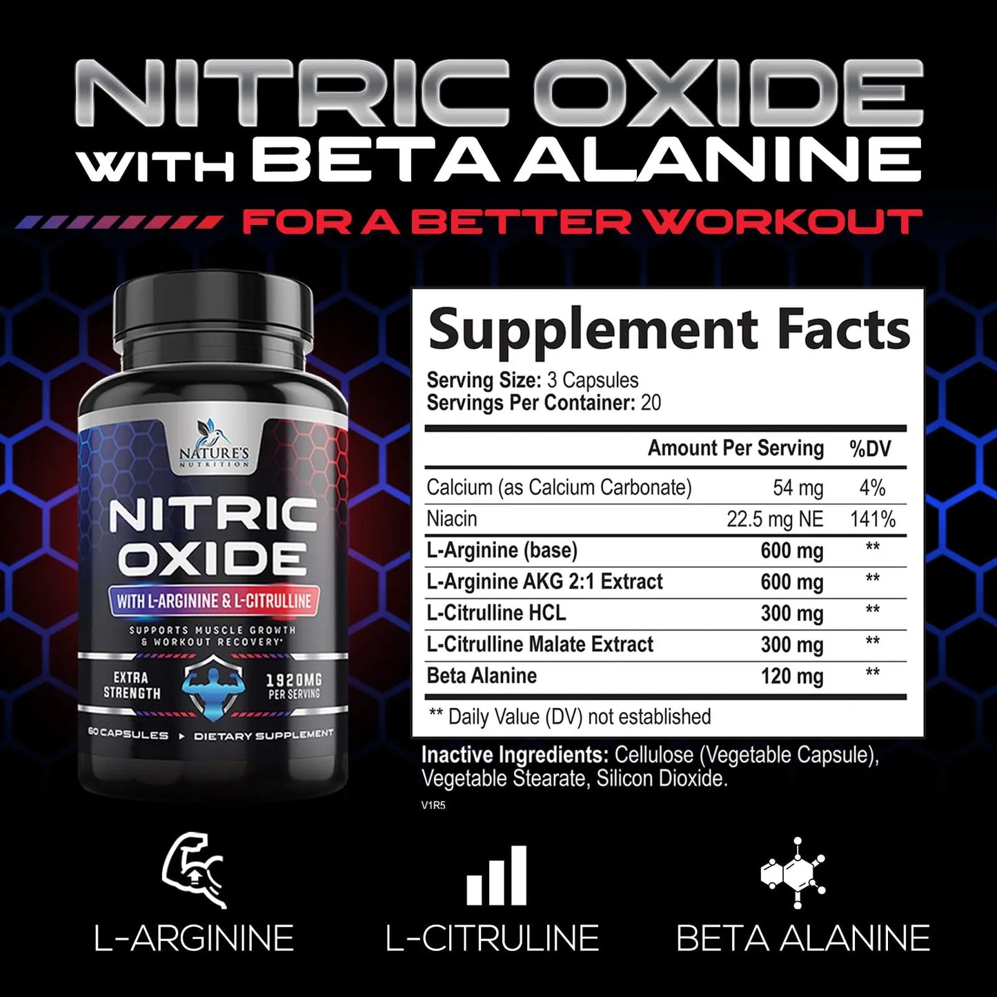Extra Strength Nitric Oxide Supplement L Arginine 3X Strength - Citrulline Malate, AAKG Nature's Nutrition