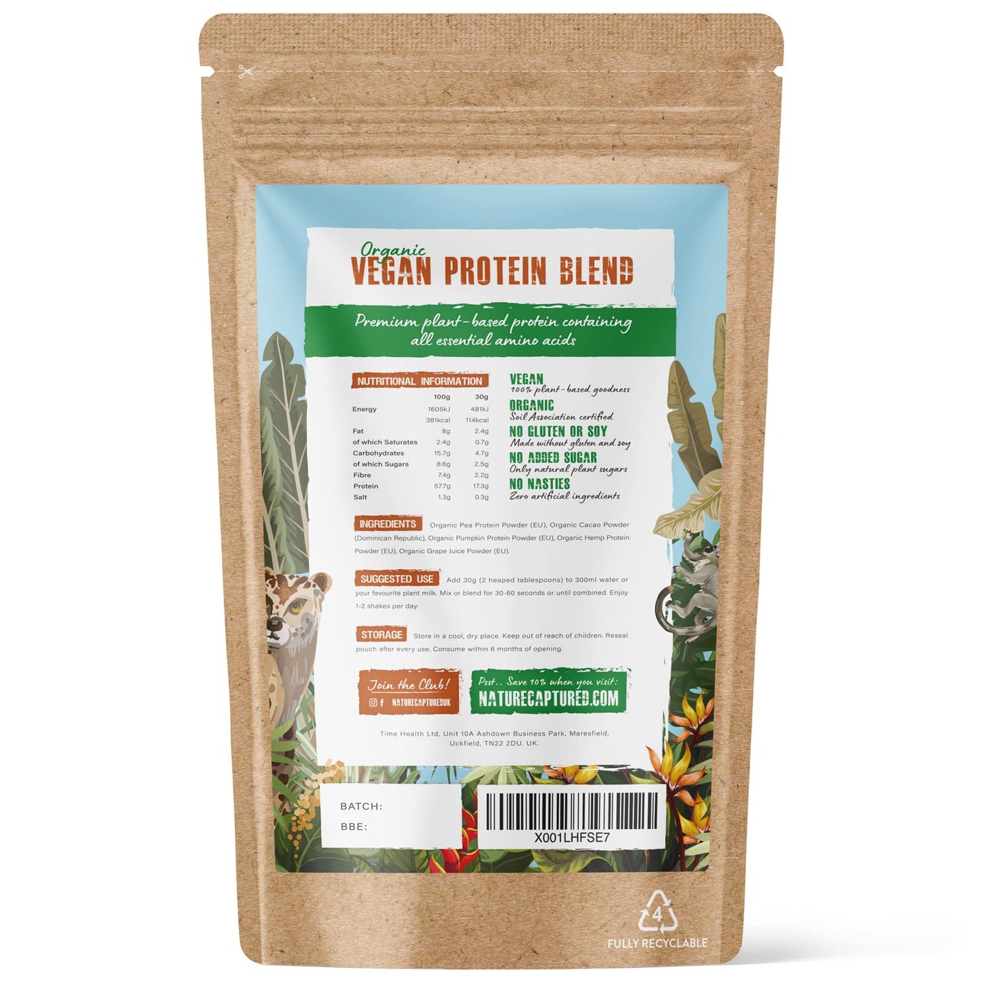 Organic & Raw Vegan Protein Blend (600g) - Chocolate Flavour - Pea, Pumpkin & Hemp Nature Captured