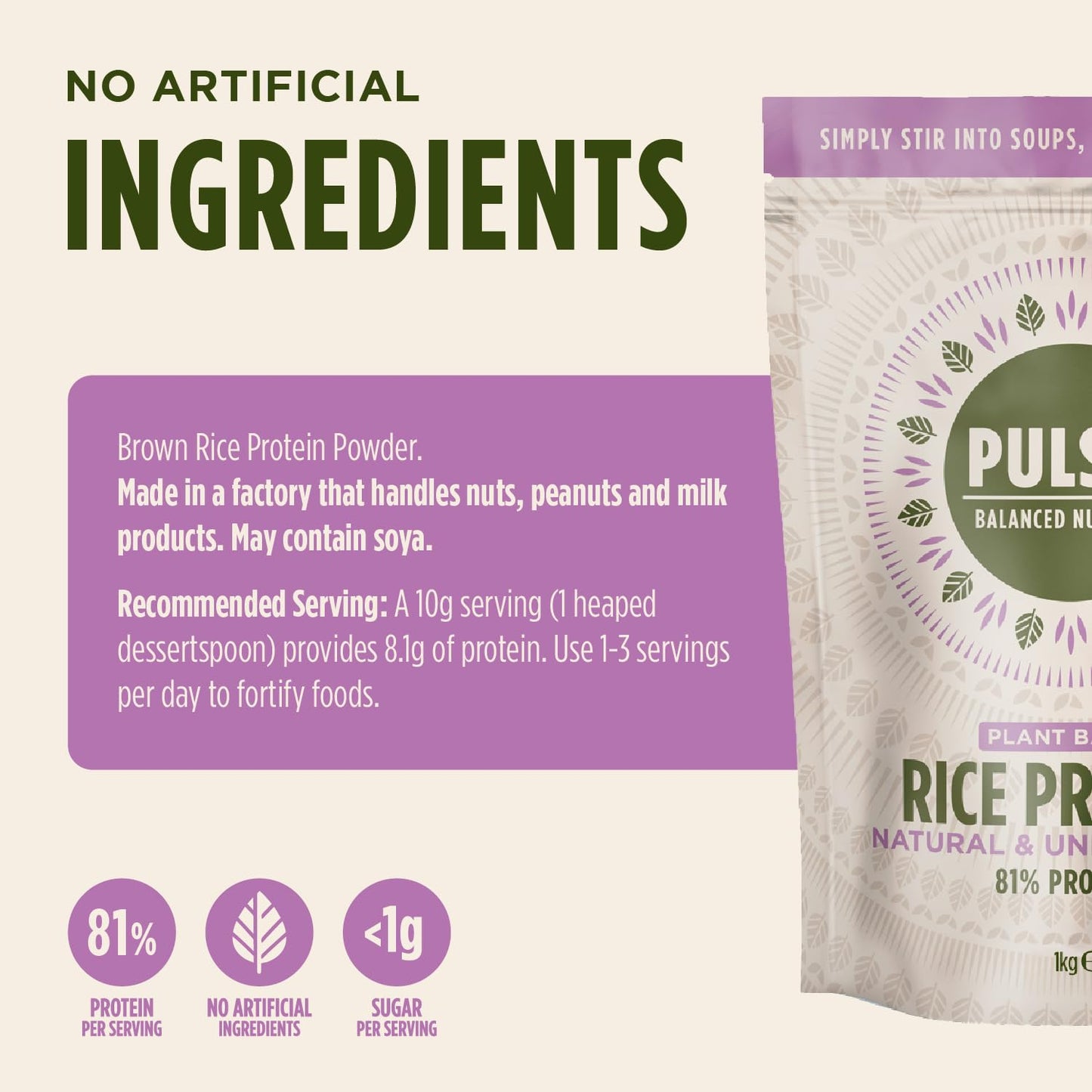 Pulsin - Natural & Unflavoured Vegan Rice Protein Powder - 1kg - 8.1g Protein, 0.4g Carbs, 43 Kcal Per Serving Pulsin