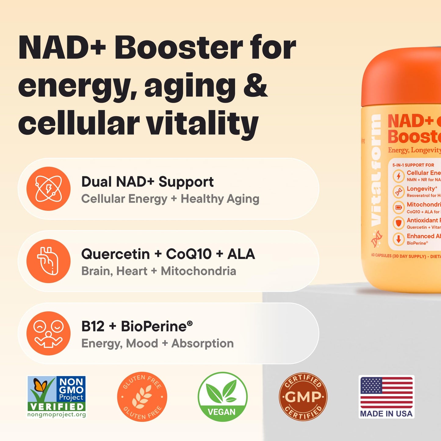 VitalForm NAD+ Supplement with NMN & Nicotinamide Riboside (NR) – Advanced Cellular Energy & Healthy Aging Complex – with Resveratrol, CoQ10, Quercetin & BioPerine – 60 Vegan Capsules VitalFormBuy Supplements Australia