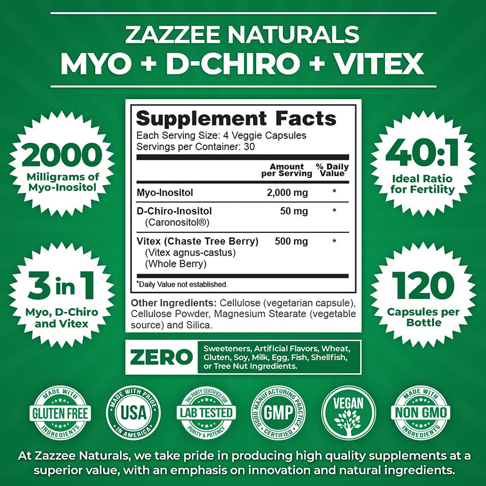 Zazzee Myo-Inositol + D-Chiro + Vitex, 120 Vegan Capsules, Optimal 40:1 Inositol Ratio, with 500 mg Vitex Zazzee