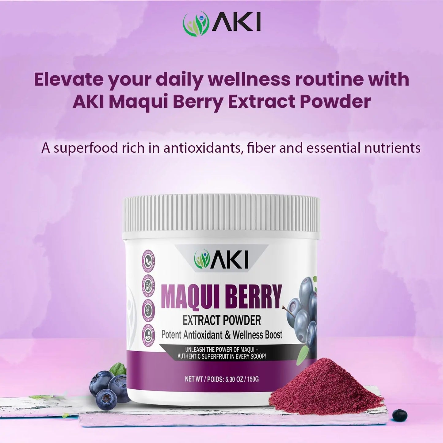 AKI Maqui Berry Extract Powder – Wild Harvested from Patagonia, High in Anthocyanins & Polyphenols, Freeze-Dried Superfruit for Smoothies, Non-GMO, Vegan, 150g/ 5.3 oz AKI ORGANIC buy supplements Au