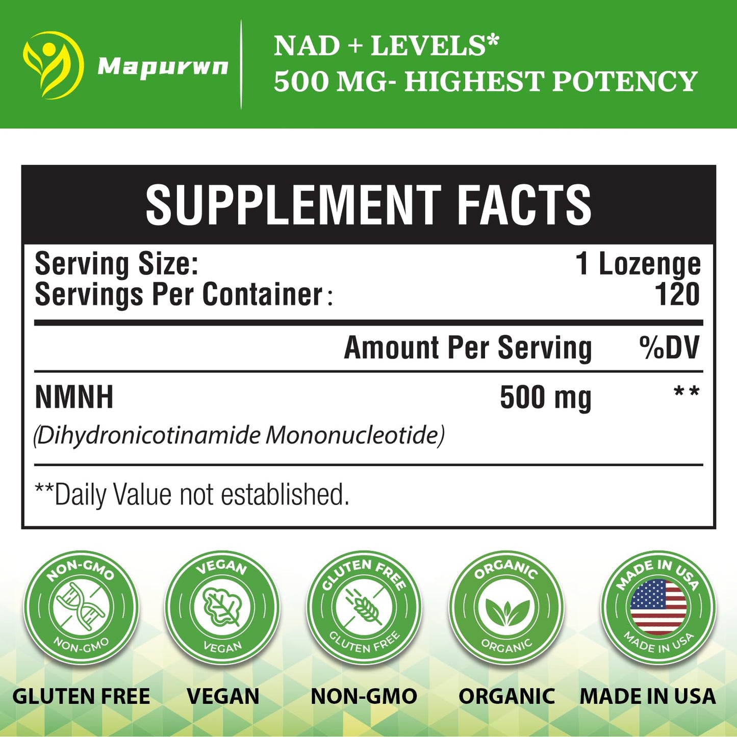 Mapurwn NMNH (Dihydronicotinamide Mononucleotide), NMN Supplement, 500mg per Serving NAD Supplement to Boost NAD+ Levels As We Age for Women & Men, Anti-Aging, Energy, Focus, 120 Count MapurwnBuy Supplements Australia