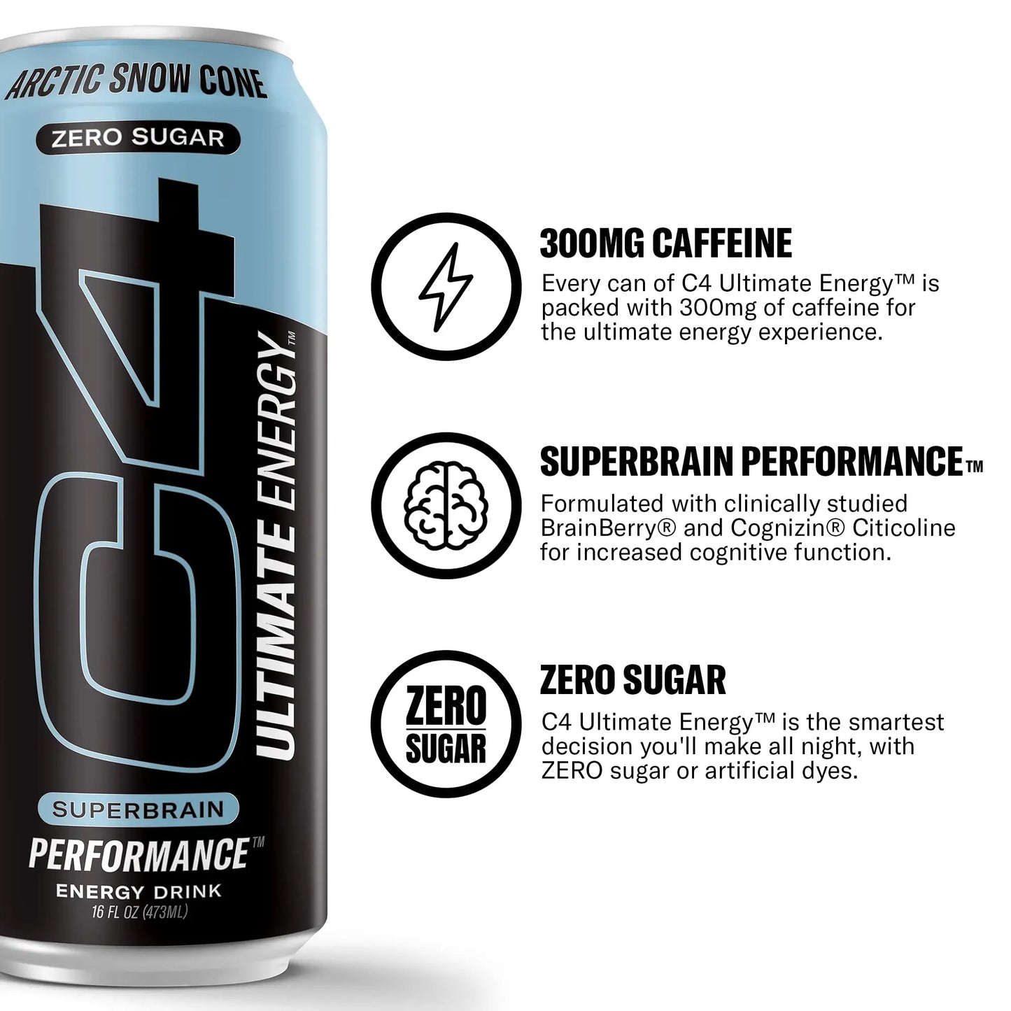 C4 Ultimate Sugar Free Energy Drink 16oz (Pack of 24) | Arctic Snow Cone | Pre Workout Cellucor