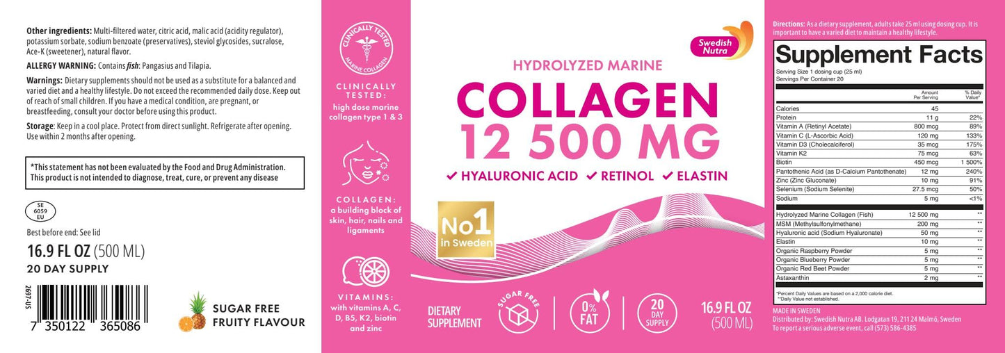 Swedish Nutra 12,500mg Liquid Marine Collagen Hydrolyzed Peptide (Type 1 & 3) | 20 Day Supply, 500 ml | Hyaluronic Acid, Biotin & Vitamins for Hair, Skin, Nails & Joints | For Men & Women | Sugar Free Swedish Nutra buy supplements Au