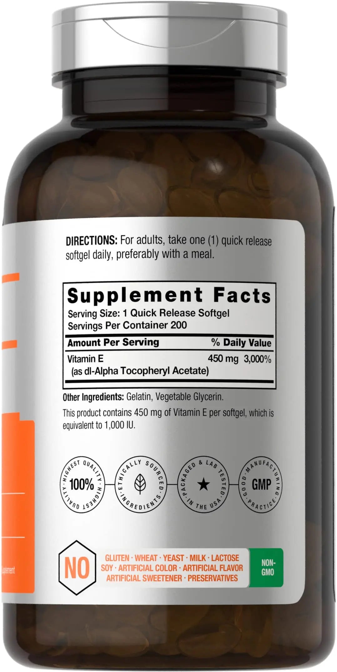 Vitamin E 1000 IU Softgel Capsules | 200 Count | Non-GMO, Gluten Free, Preservative Free Horbäach