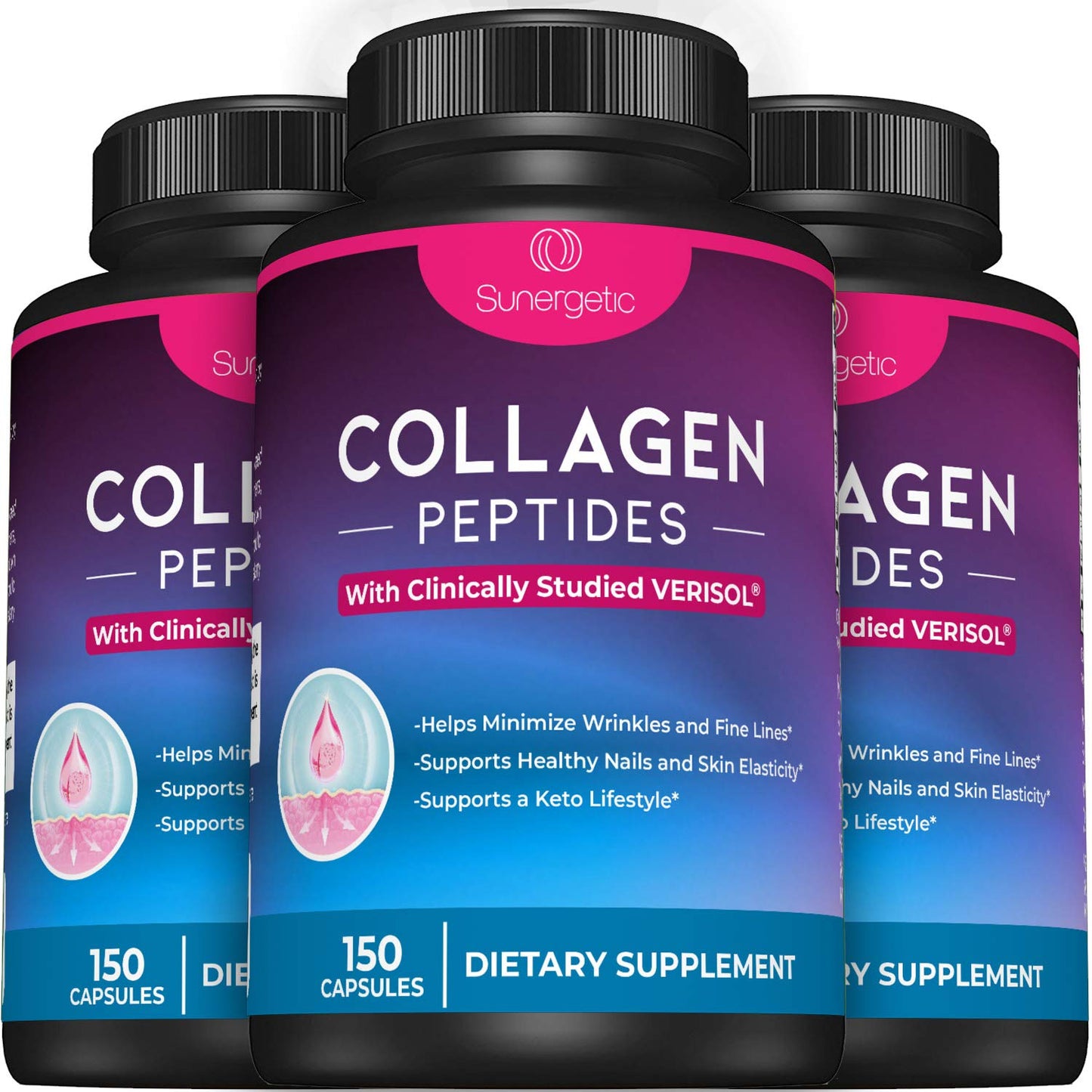 Sunergetic Premium Collagen Peptides Capsules – 2500 mg of VERISOL Collagen Peptides Type 1 & Type 3 – Multi Collagen Supplement to Support Joint Health, Hair, Skin & Nails – 150 Collagen Capsules Sunergetic buy supplements Au