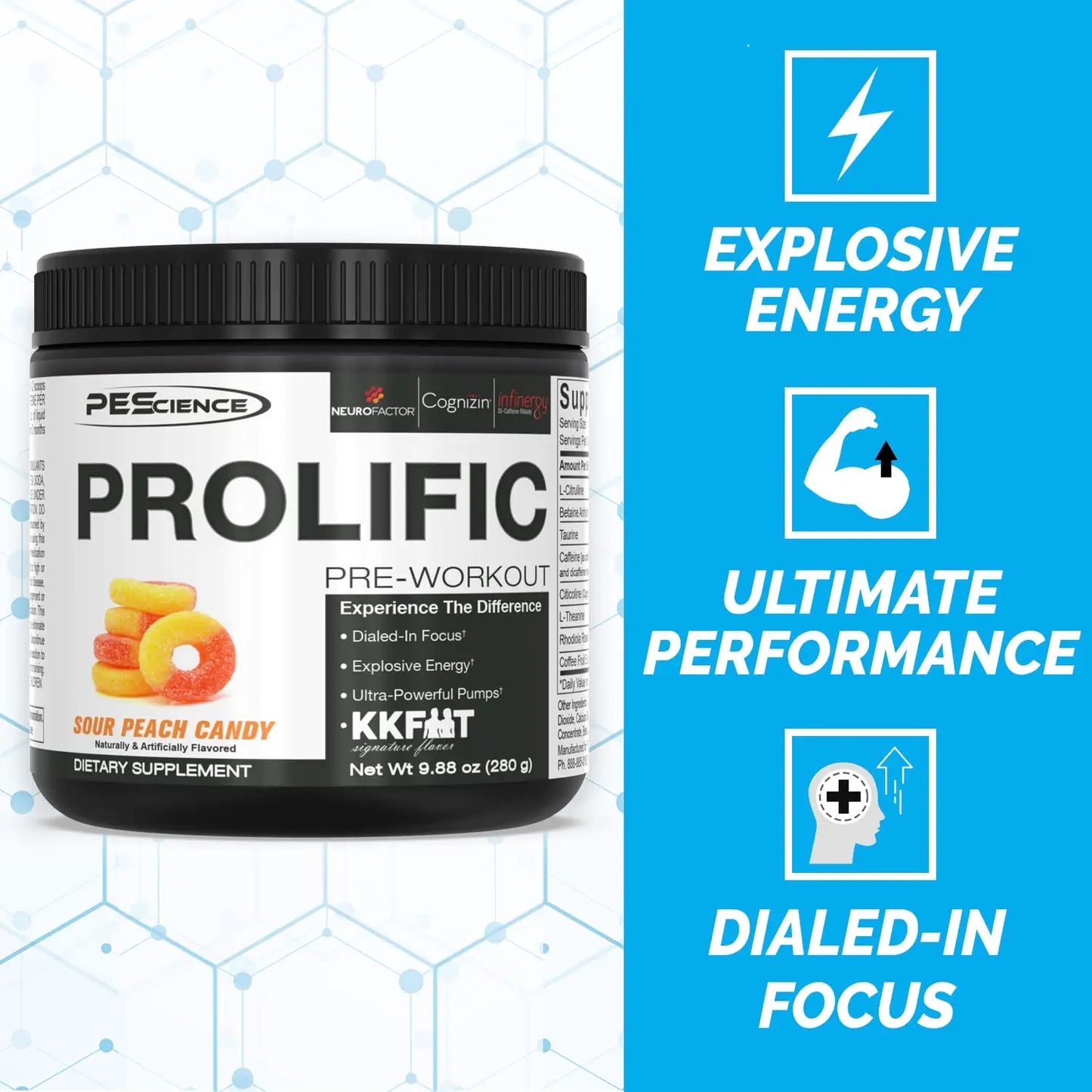 PEScience Prolific Pre Workout Powder, Sour Peach Candy, 40 Scoop, Energy Supplement PEScience