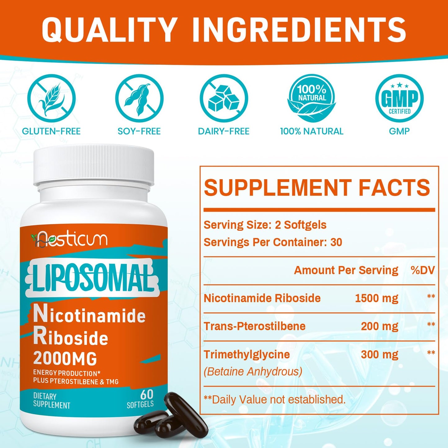 Aesticum 2000 MG Nicotinamide Riboside, NMNH Supplement Alternative, Liposomal Nicotinamide Riboside Supplement with TMG & Pterostilbene - NAD*, Energy, Focus, Immunity, Age Resist - 120 Softgels AesticumBuy Supplements Australia