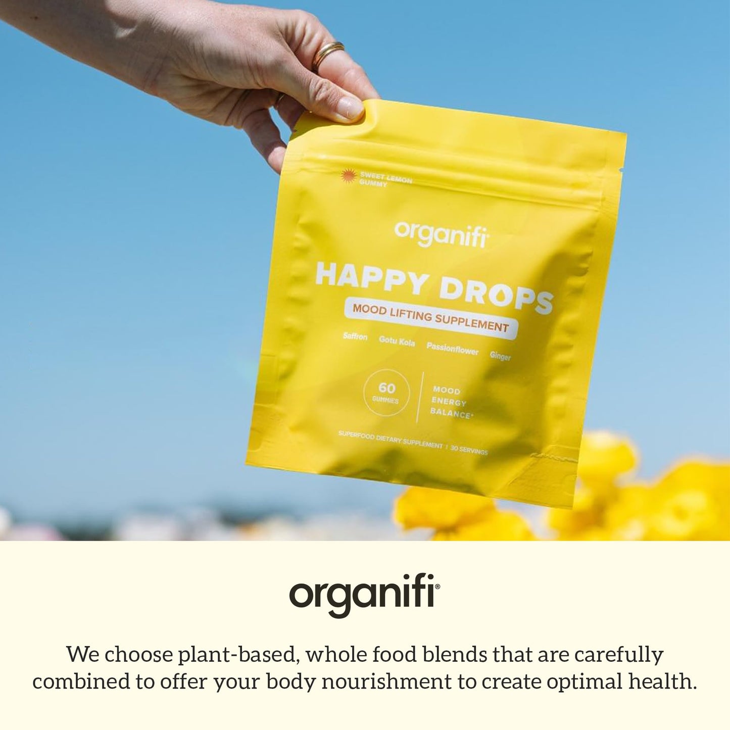 Organifi Happy Drops - Daily Superfood Happy Gummies for Adults - Mood Support Supplement for Balance, Bliss, Energy and Taking the Edge Off - Sweet Lemon Flavor - 60 Gummies Organifi buy supplements Au