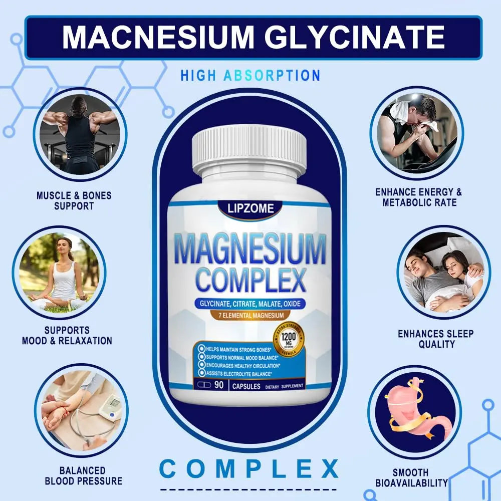 Magnesium Complex Supplement 1200mg - Advanced 7-in-1 Magnesium Blend - Glycinate, Citrate, Malate, Taurate, Oxide, Aspartate, Orotate – High Absorption Formula – Non-GMO, 90 Capsules Lipzome buy supplements Au
