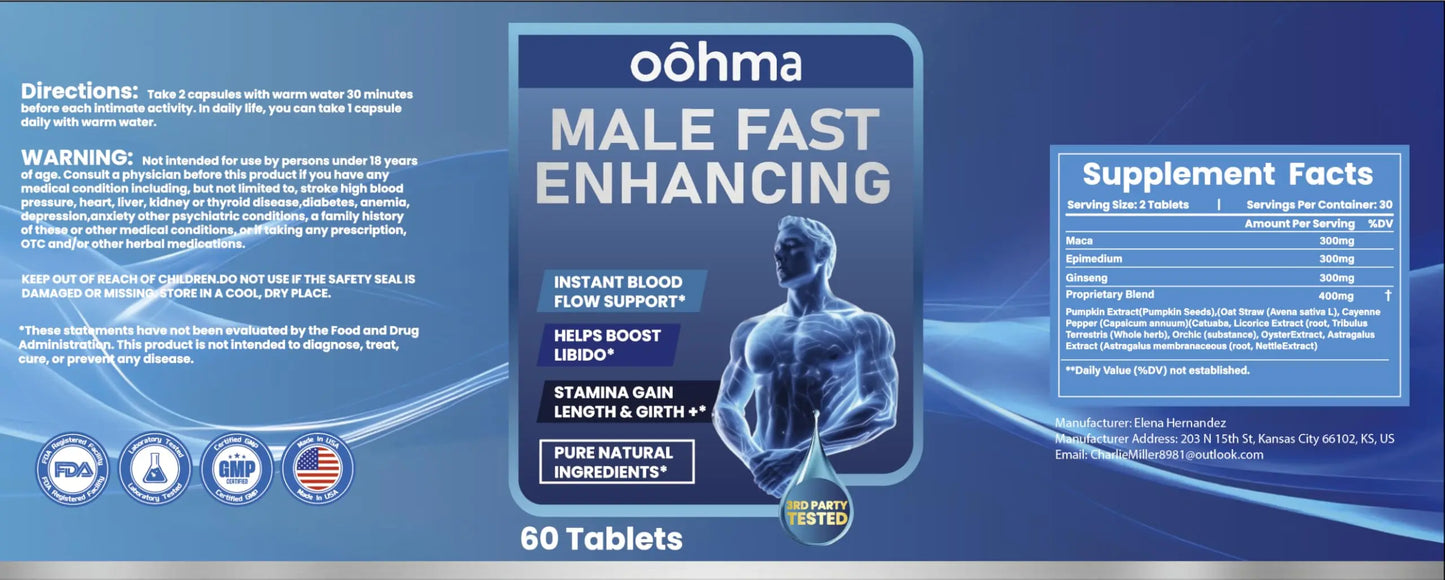 Oohma New Male Enhancing Supplement, Designed to be Fast Acting for Blood Flow to Gain Length & Girth + Stamina, Maca, Epimedium, and Other Natural Ingredients, 3rd Party Tested Supplement 60 Tablets Oohma buy supplements Au
