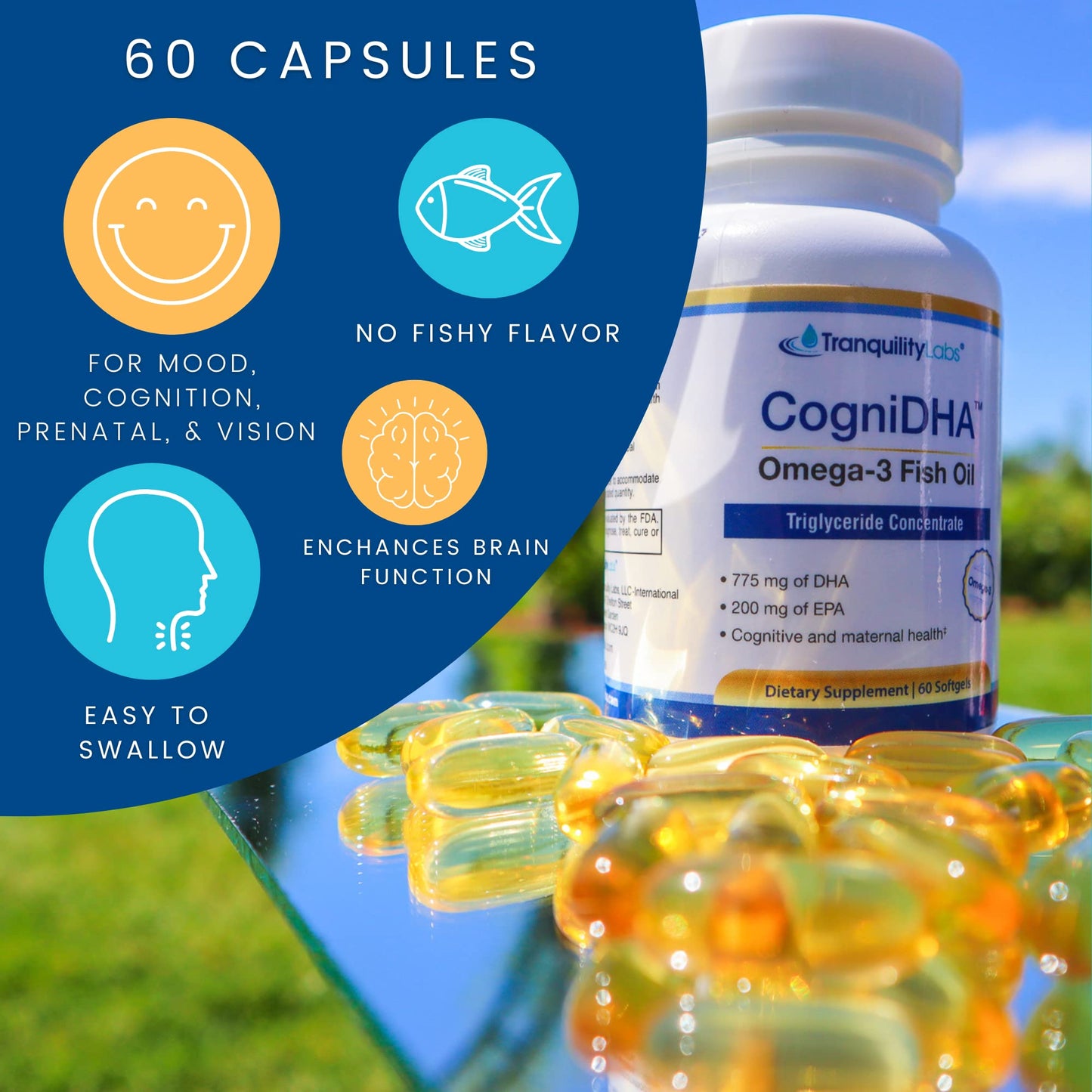 High DHA Omega 3 Fish Oil - CogniDHA - Pharmaceutical Grade - 840 mg Omega-3s - Supercritical CO2 Tranquility Labs