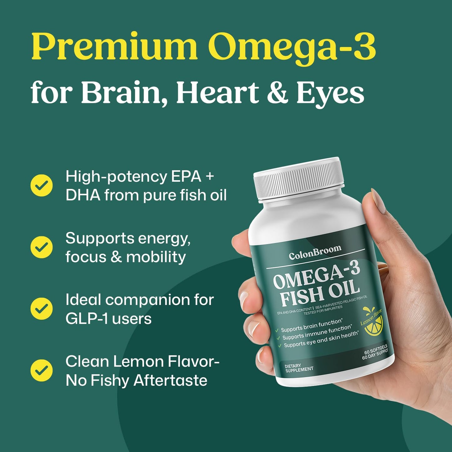 ColonBroom Omega 3 Fish Oil 2640 mg Softgels | Lemon Flavor | Daily Fish Oil Omega-3 Supplement for Women & Men with EPA & DHA | Gluten-Free, Non-GMO, Natural (60 Softgels, 2 Month Supply) ColonBroomBuy Supplements Australia
