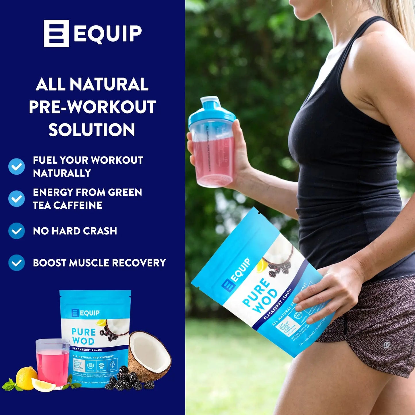 Equip Foods PureWOD All Natural Pre-Workout Powder - 200mg Green Tea Caffeine, BCAA Equip