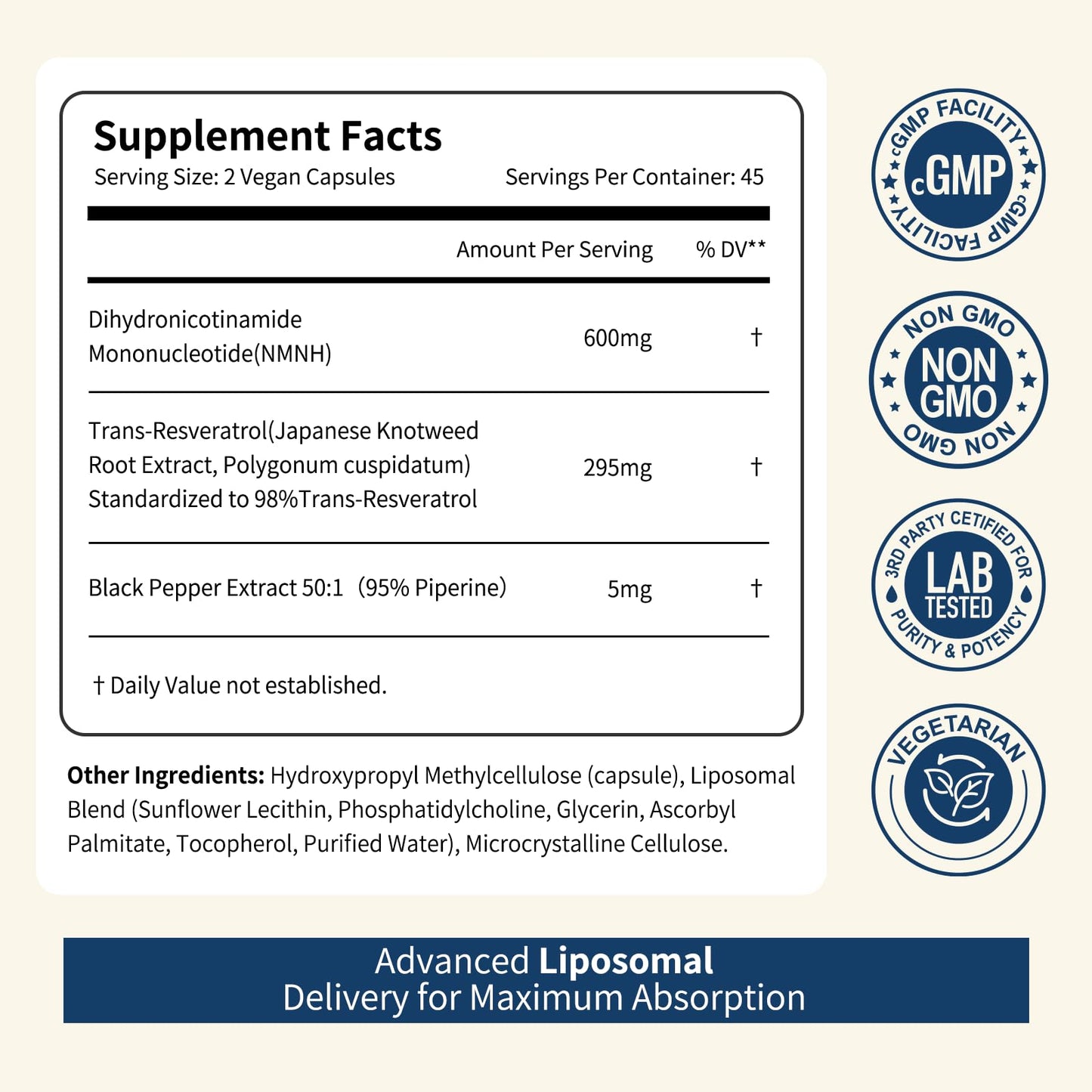 NUISM NMNH NAD+ Supplement, Liposomal 600mg NMN NAD+ and Resveratrol Complex for Cellular Energy, Healthy Aging & Metabolic Support, 90 Capsules NUISMBuy Supplements Australia