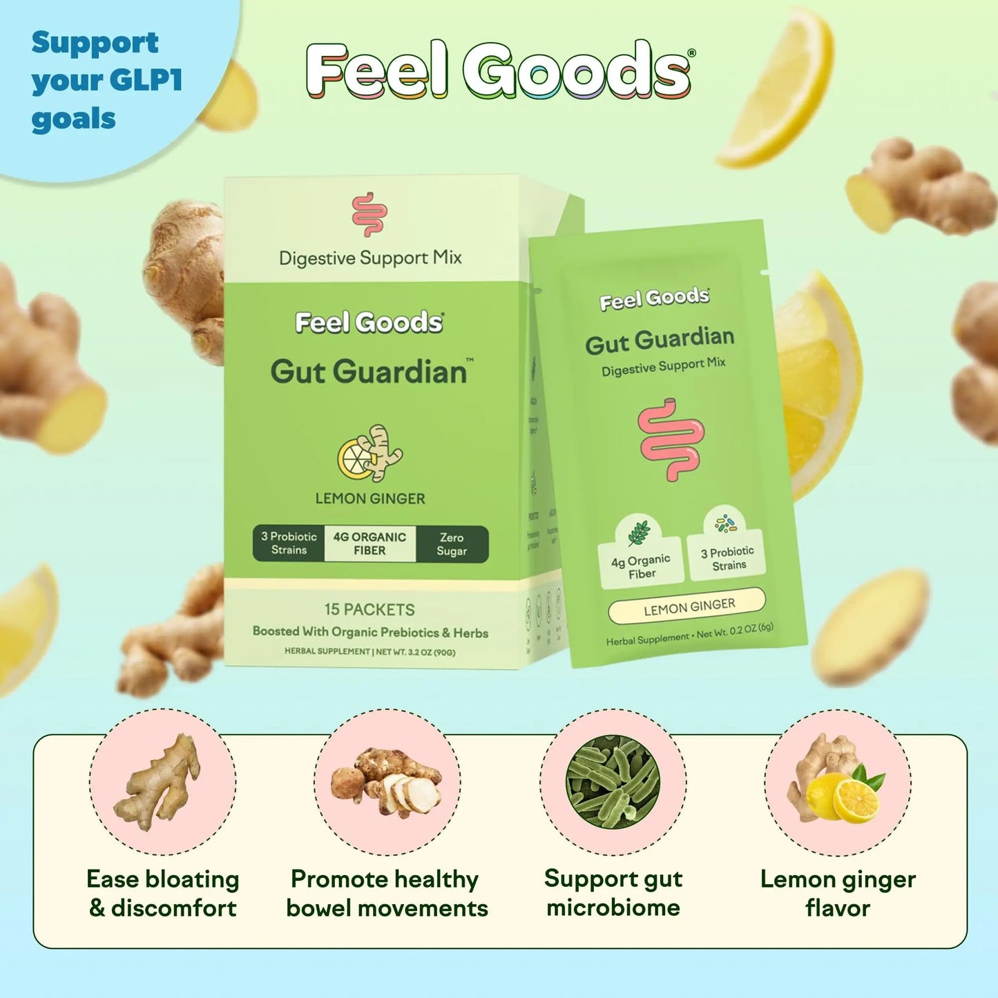 Feel Goods Gut Guardian, Gut Health Powder Packets - Probiotic Fiber Powder with Prebiotics & L Glutamine for Digestive Health, Bloating Relief & Digestion Support - Zero Sugar & Organic Flavor Feel Goods buy supplements Au