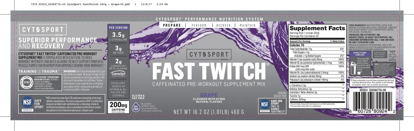 Fast Twitch from the makers of Gatorade,Caffeinated Pre-workout Supplement Mix,Grape Fast Twitch