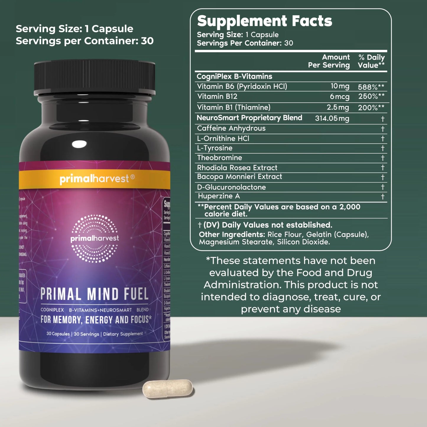Brain Supplement by Primal Harvest, Primal Mind Fuel Brain Booster for Focus, Energy, Clarity, and Brain Health 30 Capsules Nootropics Brain Support Supplement for Men and Women Primal Harvest buy supplements Au