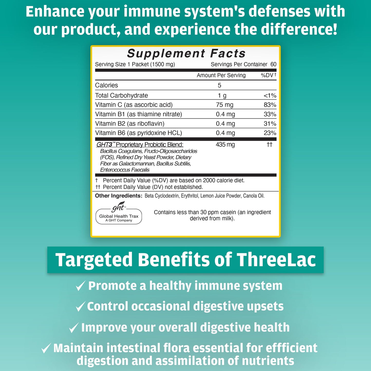 Global Health Trax ThreeLac Lemon Probiotic Drink Mix for Digestive Health - Advanced Probiotic Powder Formula for Men, Women, and Kids - Immune Support & Gut Balance, Non-GMO - 120 Packets ght Global Health TraxBuy Supplements Australia