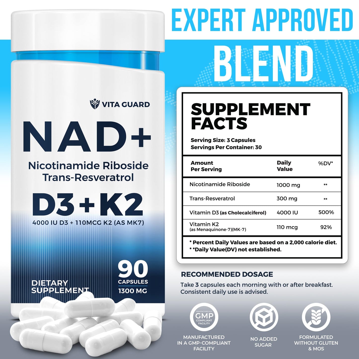Anti-Aging Energy NAD Supplement – NMN Alternative with Nicotinamide Riboside 1000mg, Trans-Resveratrol 300mg, Vitamin D3 4000 IU and K2 110 mcg MK7 – Vegetarian 60 Capsules, 1300mg Vita GuardBuy Supplements Australia