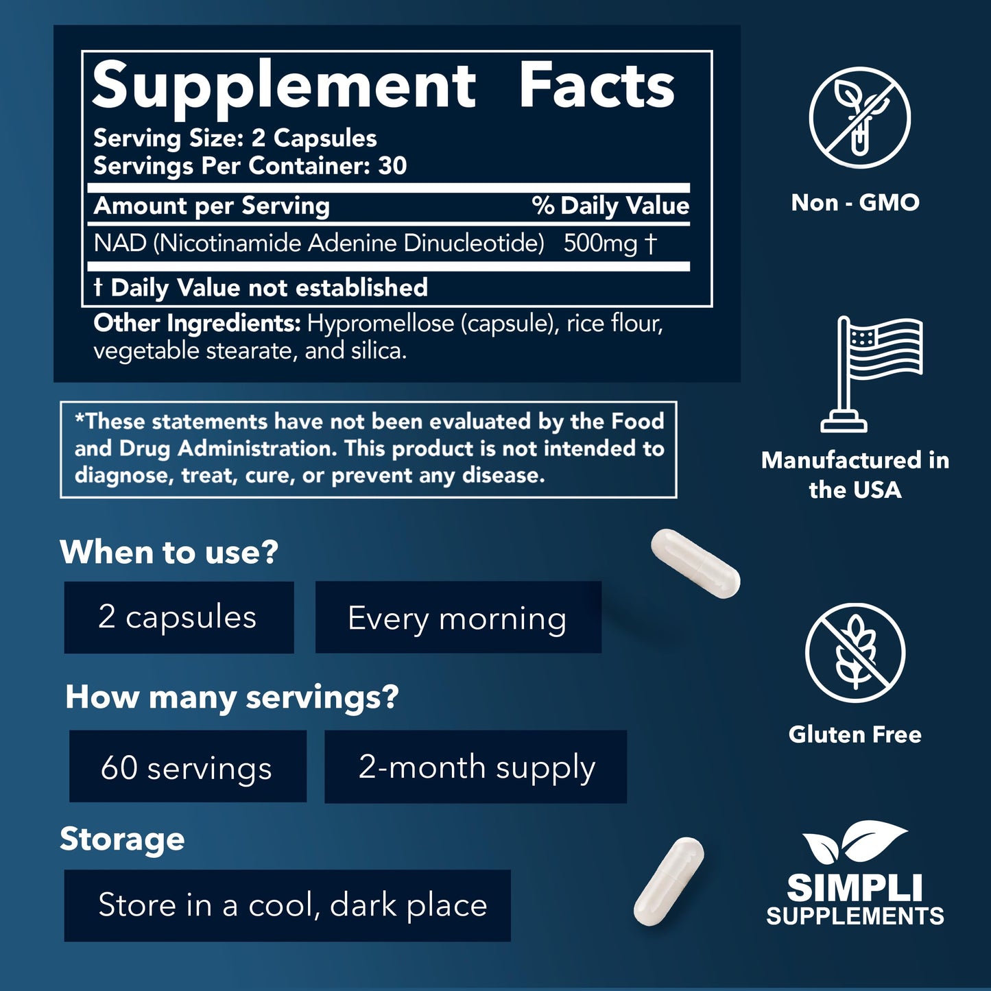 NAD Supplement for Anti-Aging and Cell Regeneration | NAD Booster 500mg Per Serving | NMN Supplement Alternative | Similar to Nicotinamide Riboside | 120 Capsules (2 Month Supply) Simpli SupplementsBuy Supplements Australia