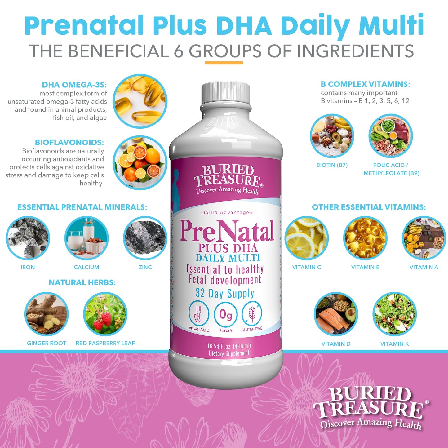 Buried Treasure Prenatal Plus DHA Complete, 16 oz, Natural DHA Omega3 Iron Buried Treasure