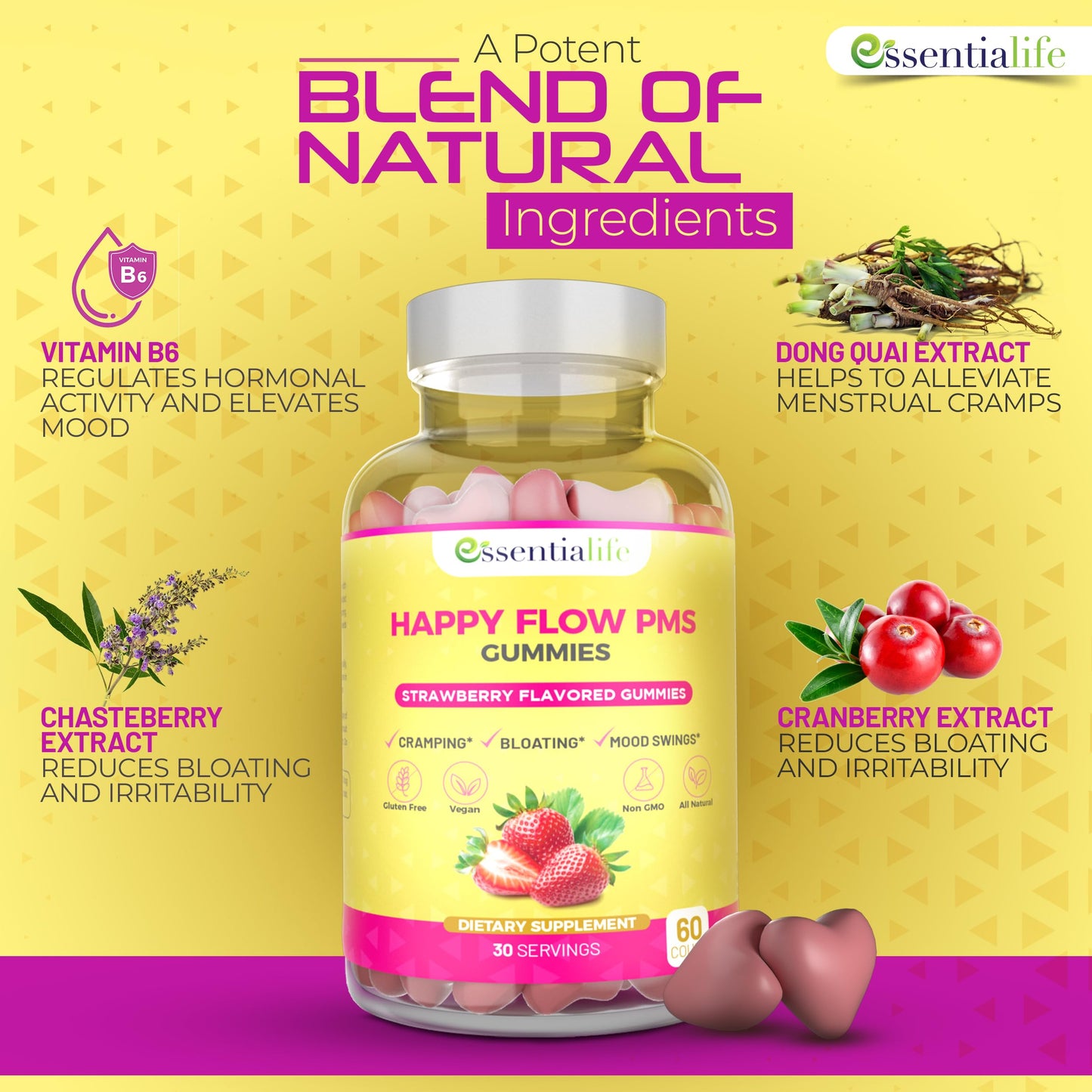 PMS Gummies - Happy Flow PMS Support Supplement for Women - Strawberry PMS Relief Supplement with Vitamin B6 for Hormone Balance, Period Support, Cramps, Hormonal Acne & Bloating Relief (60 Count) EssentialifeBuy Supplements Australia