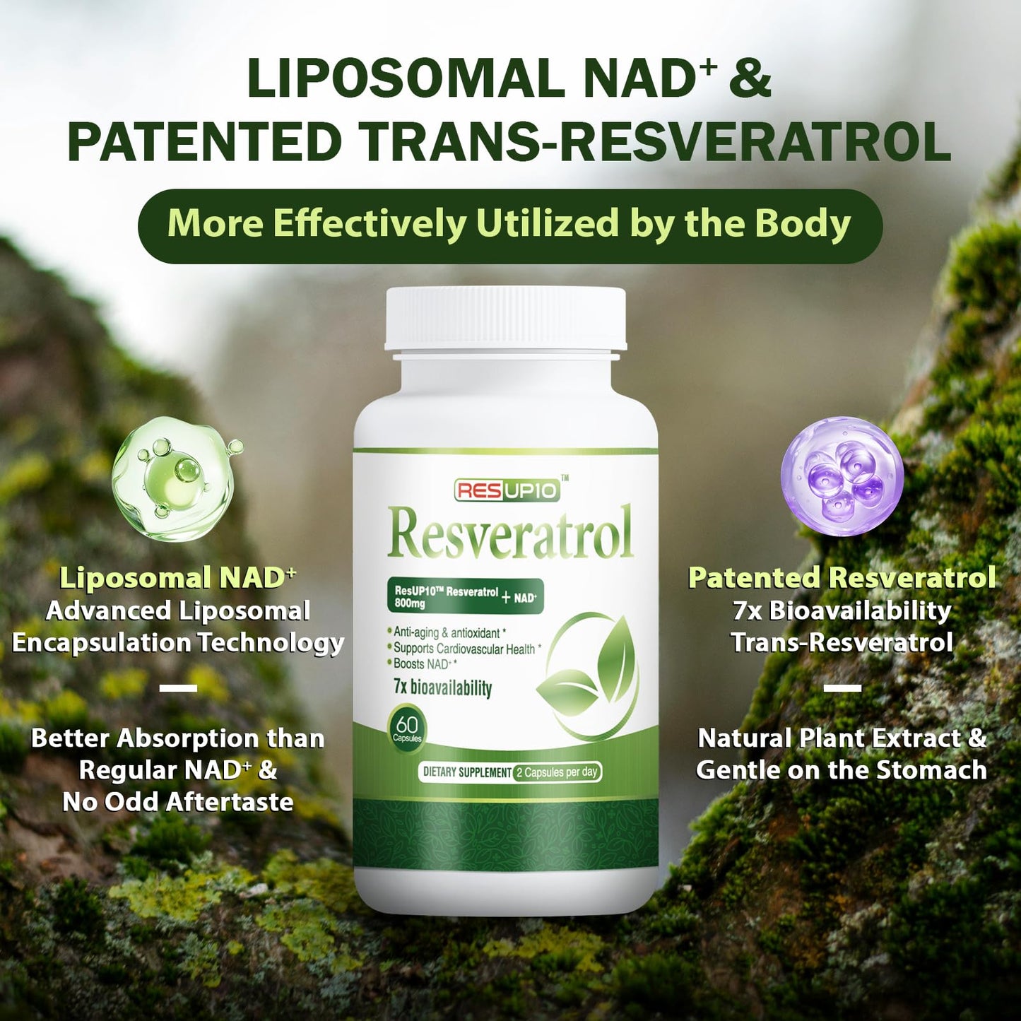 PureBotan Liposomal NAD+ Resveratrol Supplement 1300mg, High Bioavailable Trans Resveratrol ResUP10, with Extra Strength NAD Plus, Support Aging, Cardiovascular Health and Cellular Energy, 60 Capsules PureBotanBuy Supplements Australia